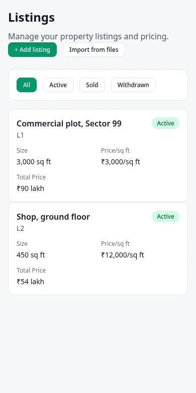 Meenira Realty console on a phone: the listings screen with a commercial plot and a shop, each marked active