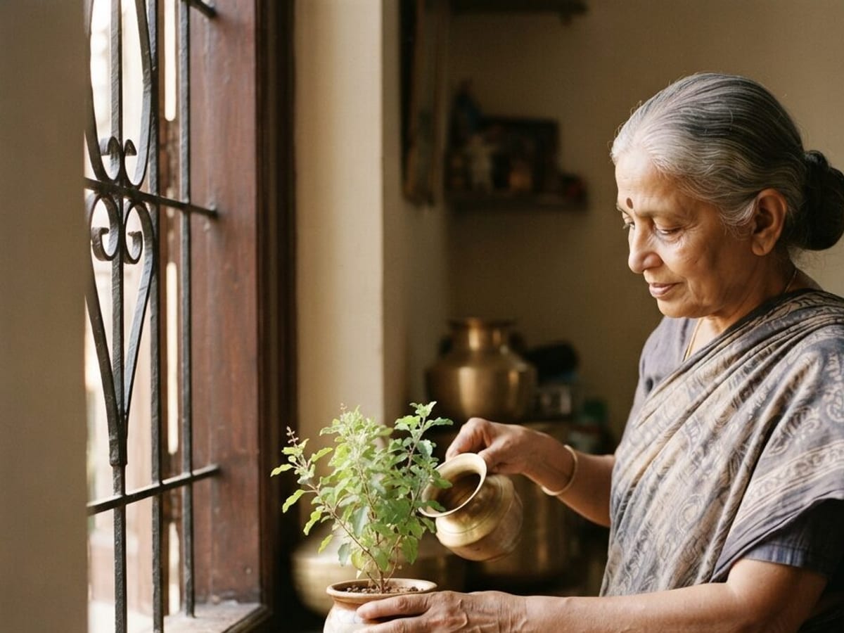 An elderly woman watering a tulsi plant by her window in the morning