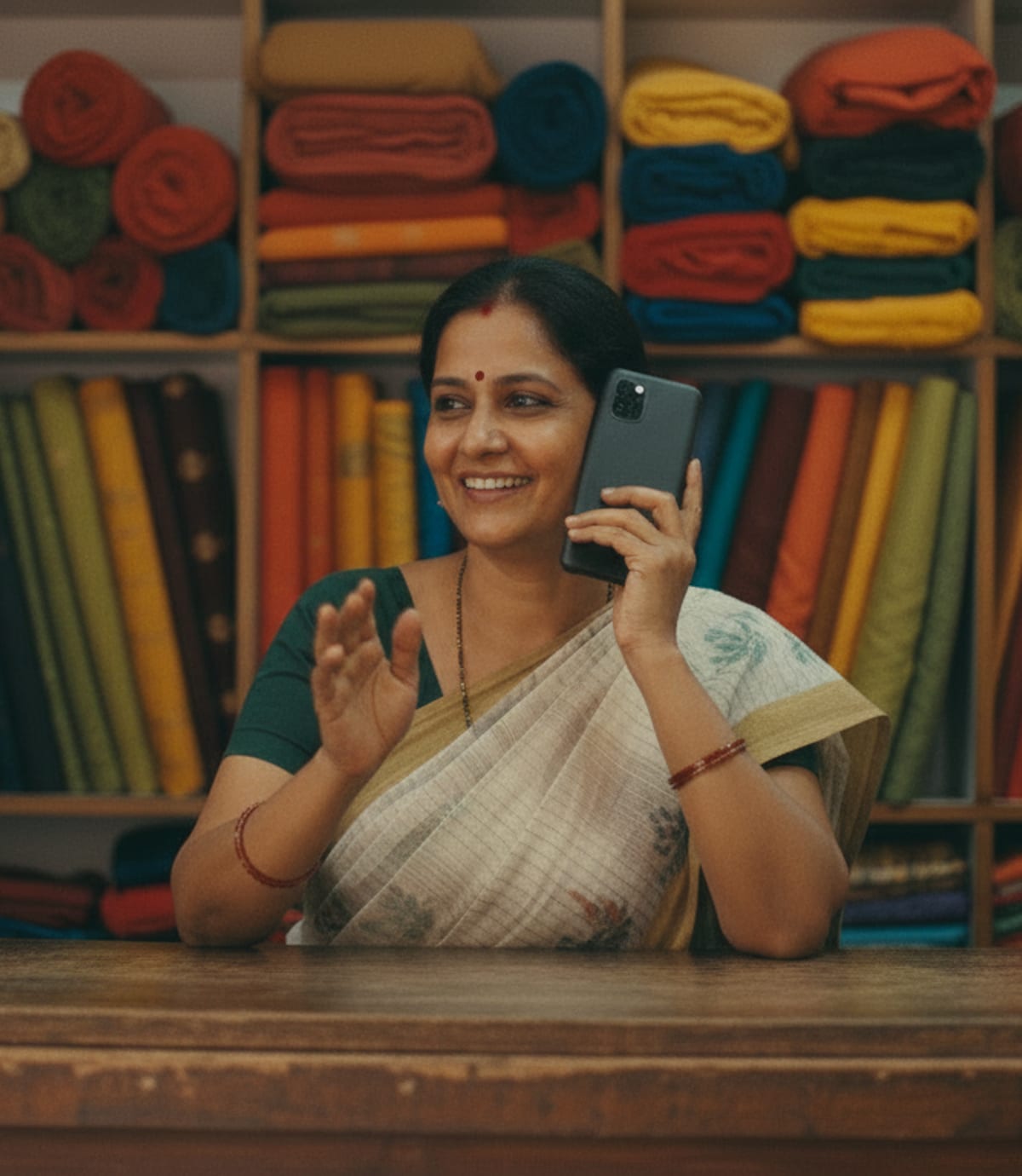 A shop owner among shelves of fabric, smiling as she talks on her phone