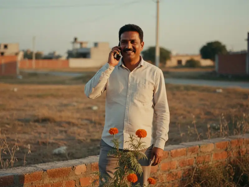 A broker on a phone call at a residential plot, marigolds in the foreground