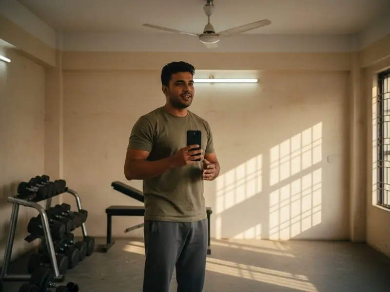 A gym owner in his gym, holding his phone and smiling
