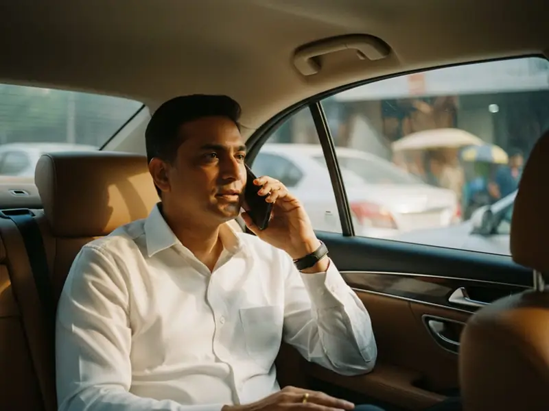 A professional in the back seat of a car, on a phone call