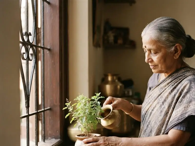 An elderly woman watering a tulsi plant by her window in the morning